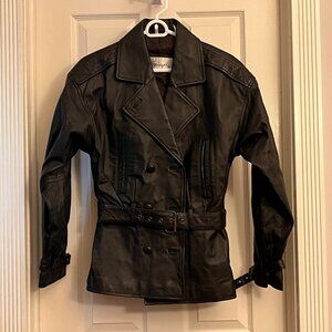 NEW! Spiegel (19" across) dark brown leather double-breasted jacket with belt